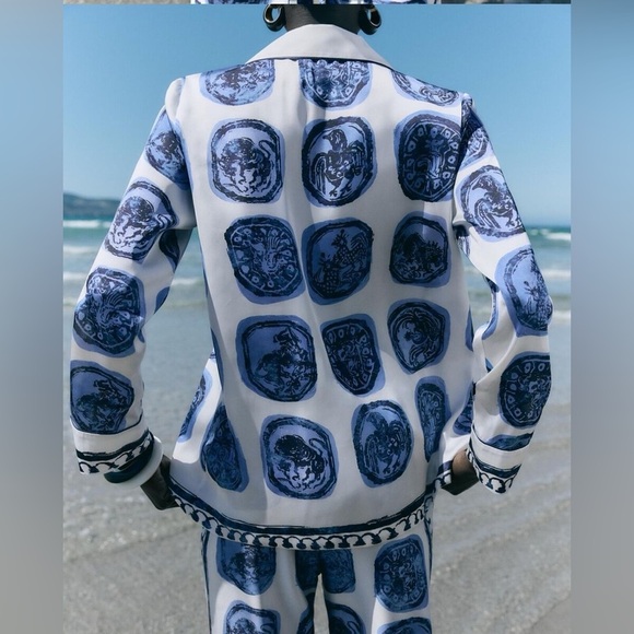 Zara ZW Collection Flowy Silky Button Down  Collar Shirt Blue White Oversized XS - Picture 11 of 11